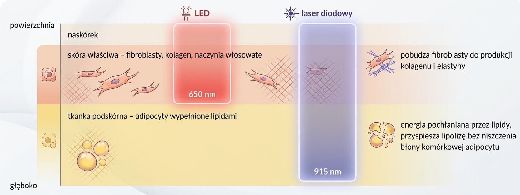 Schemat głębokości: LED 650 nm działa w skórze właściwej na fibroblasty, laser diodowy 915 nm sięga adipocytów w tkance podskórnej