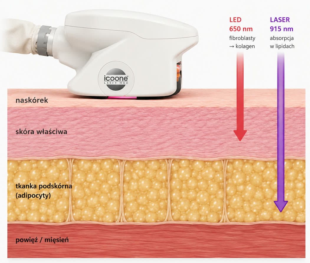 Przekrój skóry: naskórek, skóra właściwa, tkanka podskórna z adipocytami i powięź, ze strzałkami podciśnienia unoszącymi skórę pod głowicą oraz zasięgiem LED 650 nm i lasera 915 nm